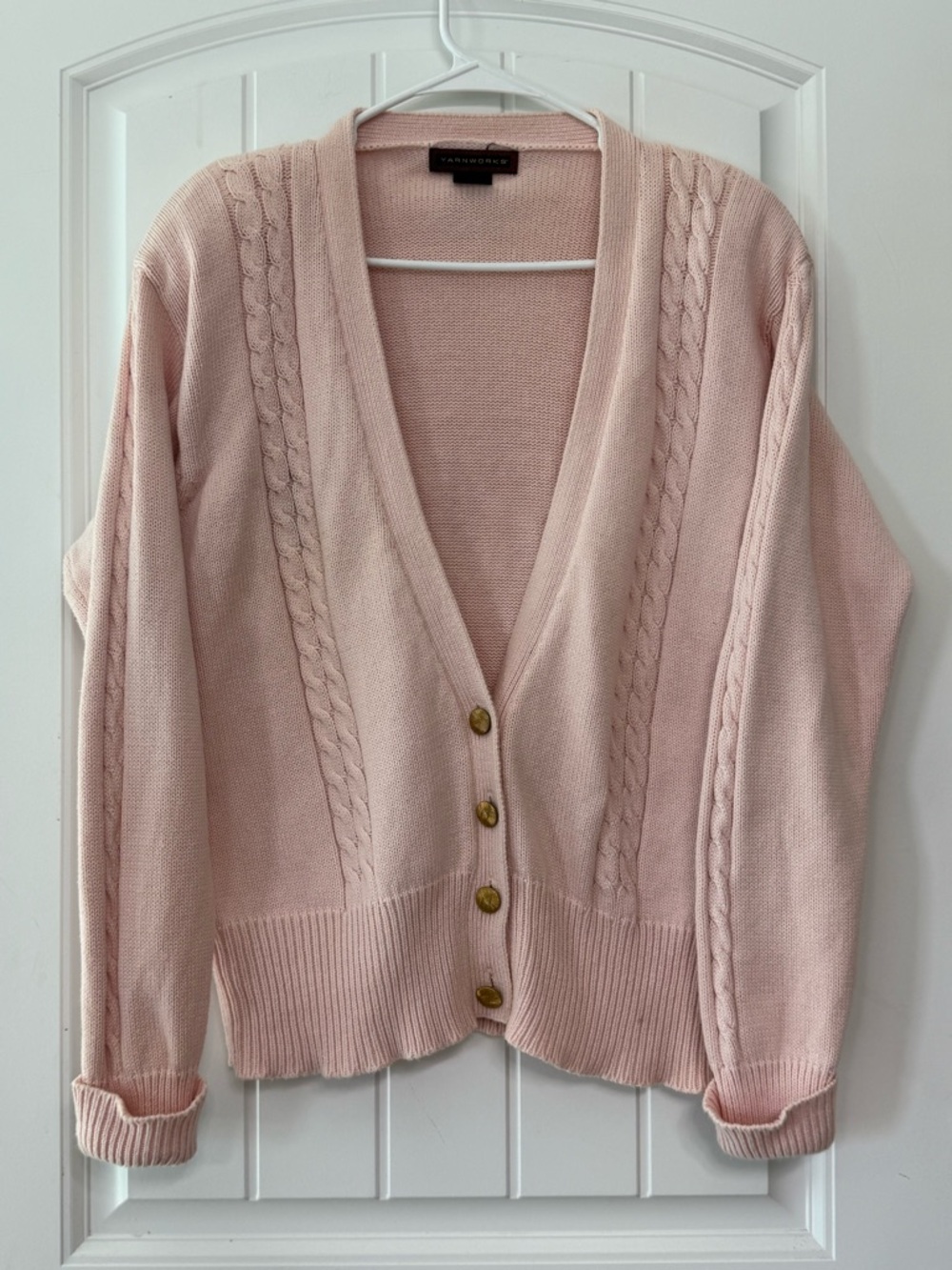 Yarnworks Pink Cable-Knit V-Neck Cardigan Cotton VTG Grandmacore Cottagecore